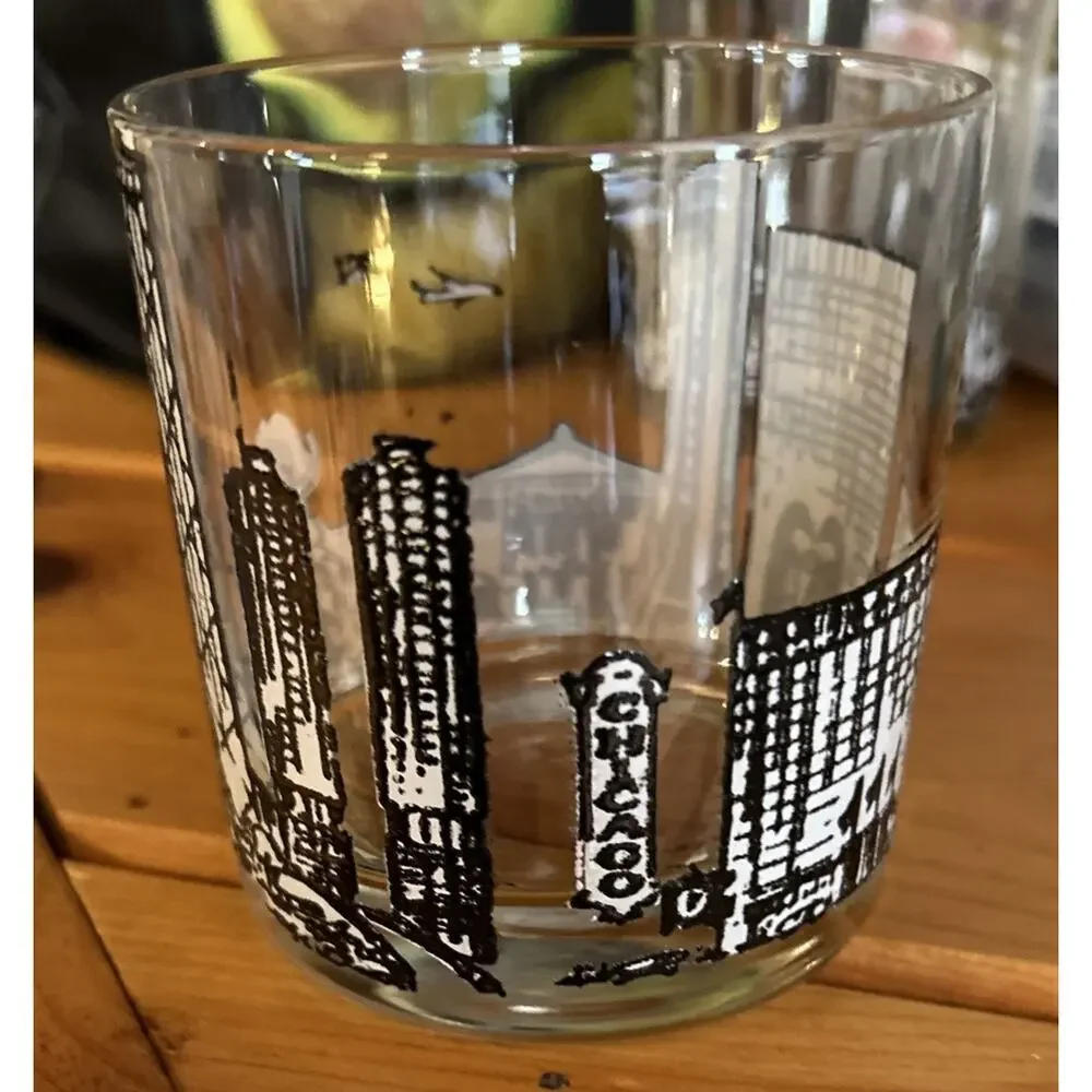 Vintage Pair of Chicago Skyline Rocks Glasses Whiskey Tumblers Black And White